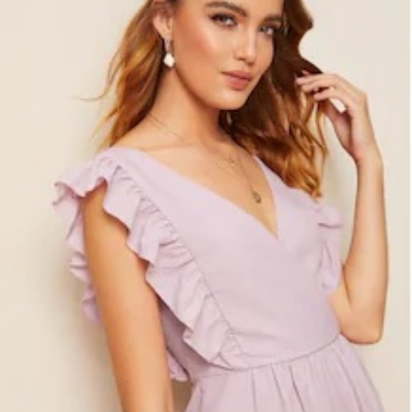 Lavender ruffle trim v neck romper solid print - Picture 5 of 7